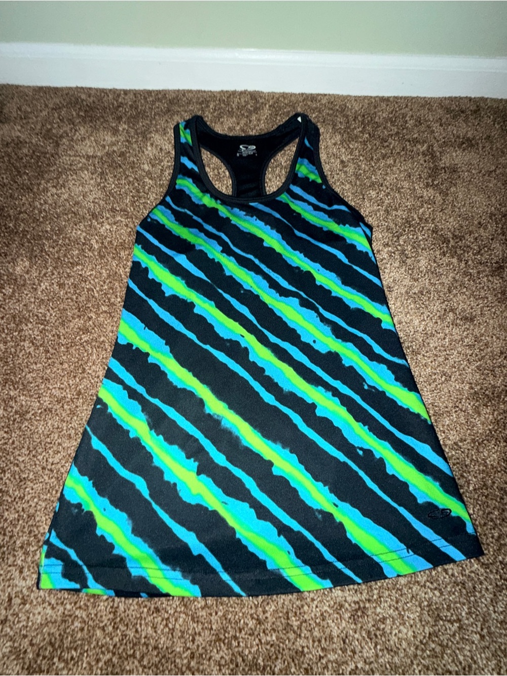 Champion Black Racerback Tank with Blue & Lime Diagonal Stripes